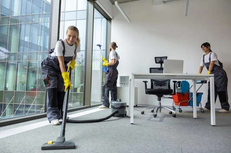 housekeeping team cleaning conference room looking busy involved 259150 84974